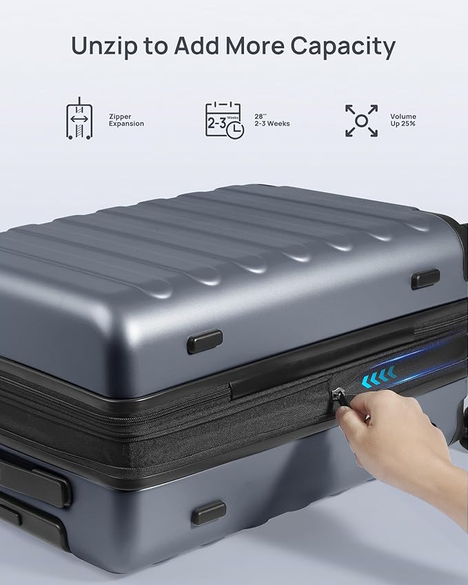 Carry on Luggage 22 X 14 X 9 Airline Approved, 20 Inch Luggage for 3-5 Days Travel, Double Spinner Wheels, 100% Hardshell PC, TSA Lock (00-Grey (Expandable), Checked 28-Inch)