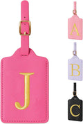 Personalized Initial Cute Luggage Tags - Rose Red Leather with Privacy Cover, Embroidered Custom Monogram for Women Kids