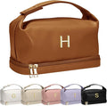Women Birthday Gifts, Personalized Makeup Bag with Handle, Initial Double Layer Cosmetic Bag with Makeup Brush Organizer, Cute Cosmetic Pouch for Women, Gifts for Friends Female Mom