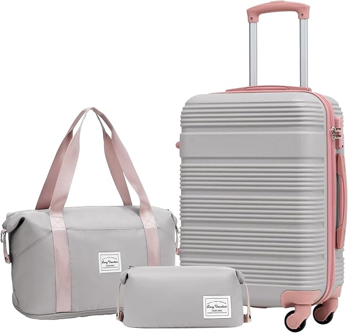 LONG VACATION 3 Piece Carry On Luggage 20 Inch Suitcase with Spinner Wheels, ABS+PC Hardshell Suitcase set with TSA Lock & YKK Zipper
