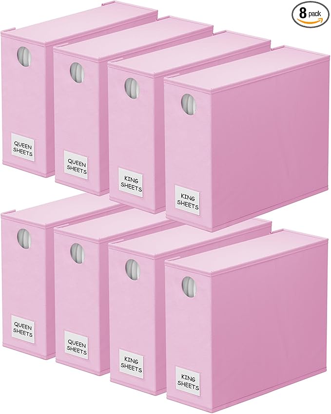 SpaceAid 8 Pack Bed Sheet Organizers and Storage, Foldable Organizer for Linen Closet, Set Folder Keeper with Window XL (Queen & King Size) Bedding Container (Pink, 8 Pack)