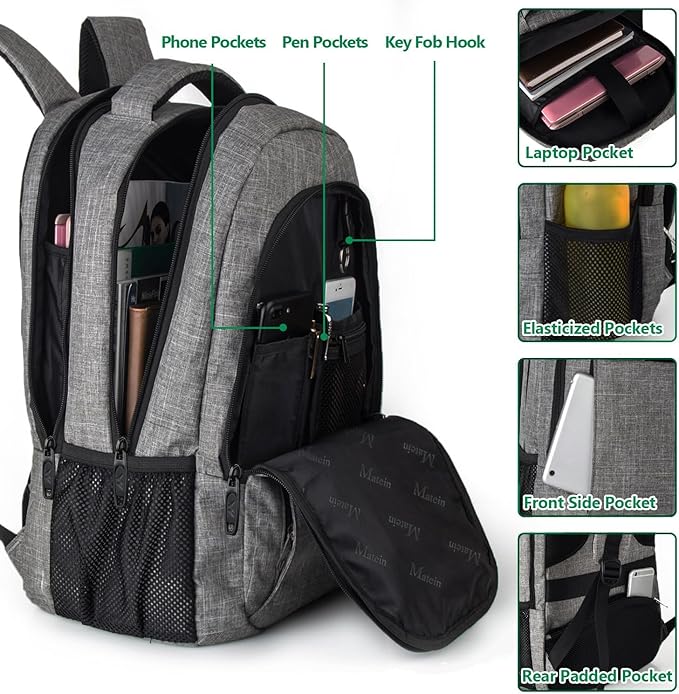MATEIN Travel Laptop Backpack, Business Anti Theft Slim Sturdy Laptops Backpack with USB Charging Port, Water Resistant College School Computer Bag Gift for Men & Women Fits 15.6 Inch Notebook, Grey