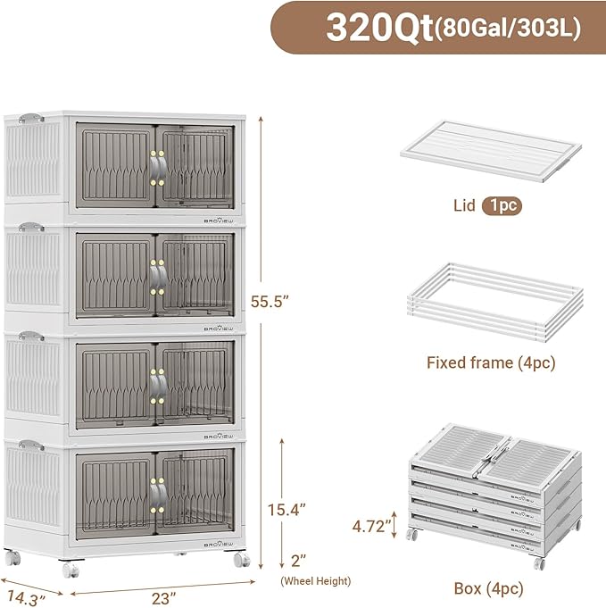 BROVIEW 320Qt Stackable Storage Bins with Lid, Extra Large Closet Organizer Collapsible Drawer Boxes with Wheels, Folding Plastic Cabinet Containers for Home Kitchen Room Organization, 4Pack White