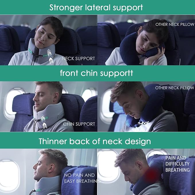 GOLDORANGE Travel Pillow Neck Chin Head Support Best Memory Foam Airplane Neck Pillows 360-Degree Support for Travel Bus Home Office and Gaming, Grey L