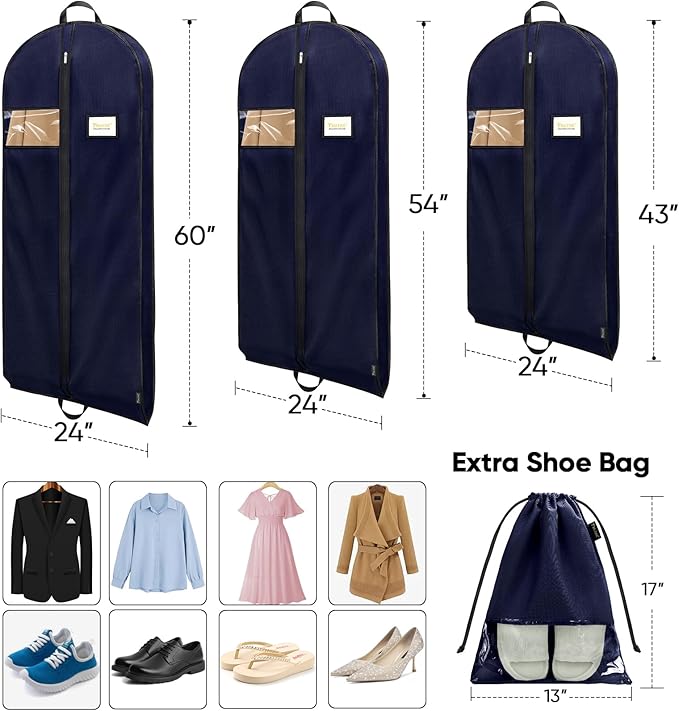 BALEINE 5PK Heavy Duty Garment Bag with Shoe Storage Travel Bag for Dresses, Suit, Coats Travel Essential (60", Blue)