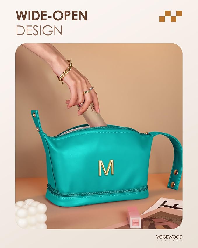 Letter Gifts for Women Birthday, Monogrammed Makeup Bag with Handle, Initial Double Layer Cosmetic Bag with Makeup Brush Organizer, Cute Cosmetic Pouch for Women, Gift for Friends Female Mom