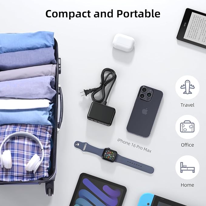 USB C Charger Block, 100W GaN 6 Port PD USB C QC USB A Wall Charger Adapter Plug Cube, Super Fast Type C Charging Station Hub for iPhone 16 15 14 13 12 Pro Max iPad Samsung Pixel 5ft Extension Cord