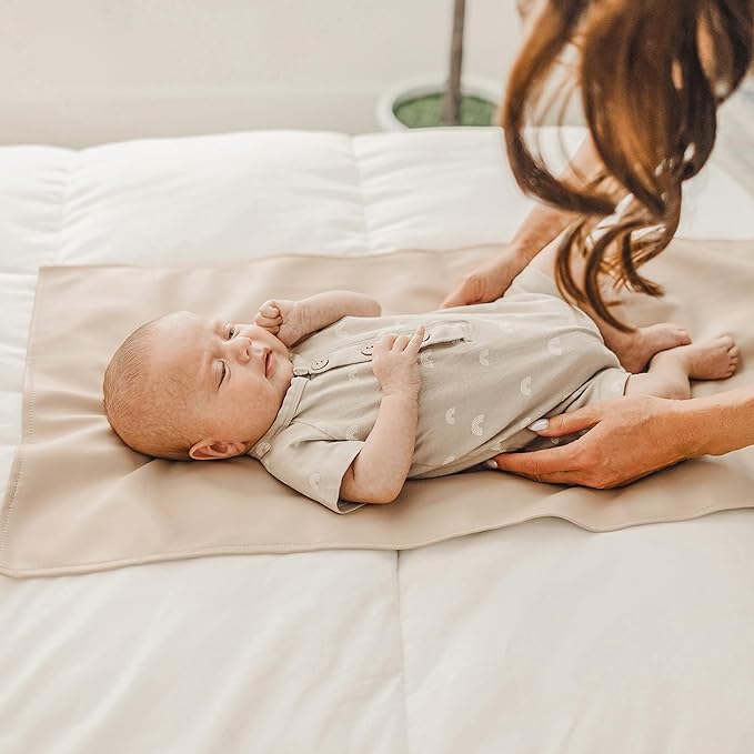 Konssy Faux Leather Baby Changing Mat 2 Pack, Waterproof, Wipeable & Portable Diaper Changing Pad for Travel or Home, Foldable Mat Fits Perfectly in Diaper Bag, 30 x 17 inches (Brown,Beige)