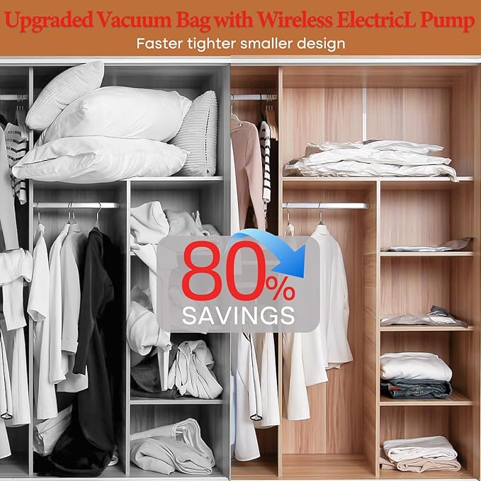 Vacuum Seal Bags for Clothing, 20 Pack Vacuum Storage Bags with Wireless Charging Air Pump(5J+5L+5M+5S), Space Saver Bags for Clothes Blanket Duvets Pillows Comforters Travel