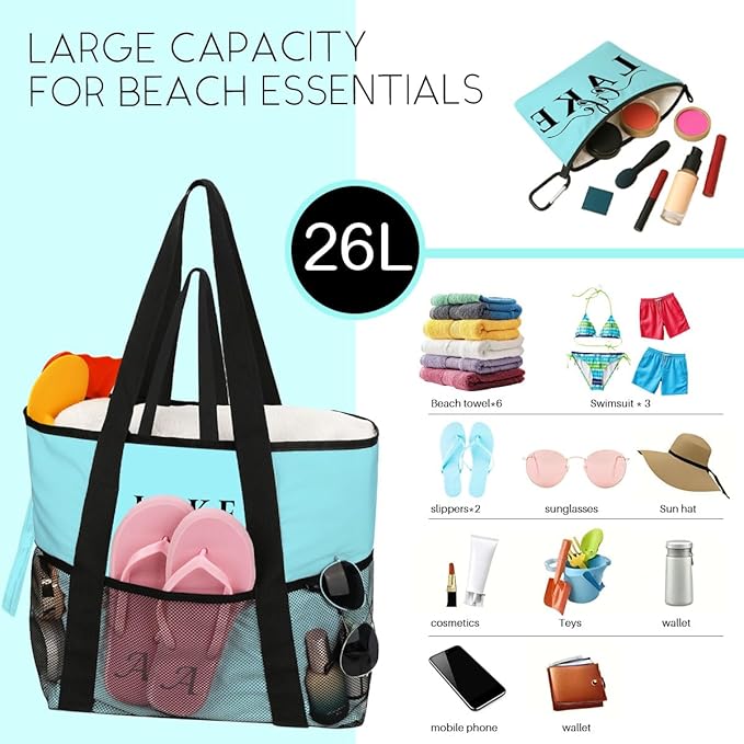 8-Pocket Waterproof Tote for Women -Sandproof Beach Bag with Zipper& Family | Foldable Travel Swim Bag (Gift-Ready)