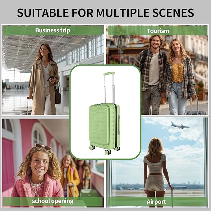 22×14×9 Airline Approved Carry On Luggage with Front Open Pocket, Spinner Wheels, ABS+PC Hardshell Small 20inch Suitcase with Protective Cover and Luggage Tag, Avocado Green