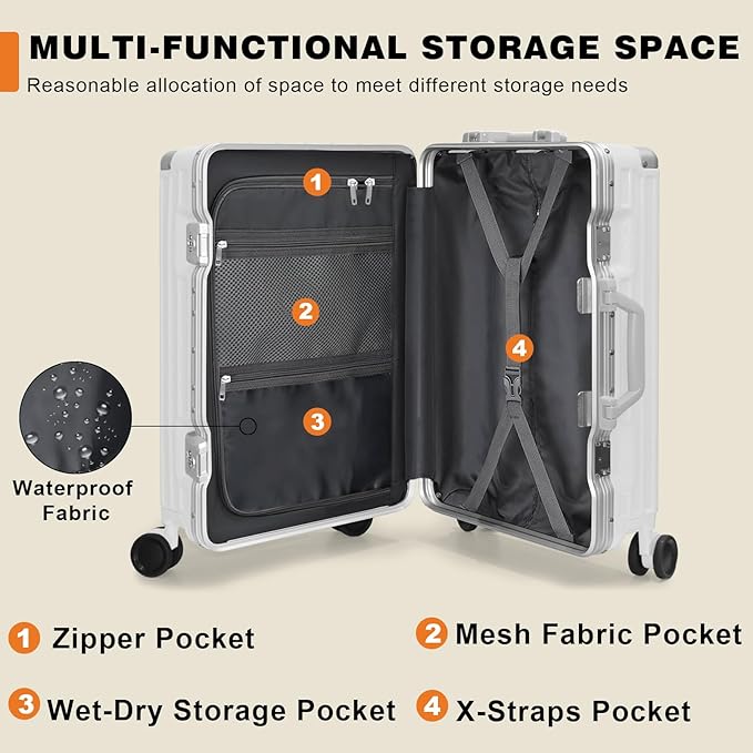 AnyZip Carry On Luggage PC+ABS Aluminum Frame Zipperless Luggage Hard Shell Suitcase with TSA Lock Double Spinner Wheels 20 Inch White