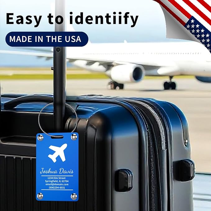 6 Pack Personalized Luggage Tags for Suitcases, Handmade Engraved Stainless Steel Custom Luggage Tags for Cruise Travel with Stainless Loop, Suitcase Identifier Metal Name Baggage Tag