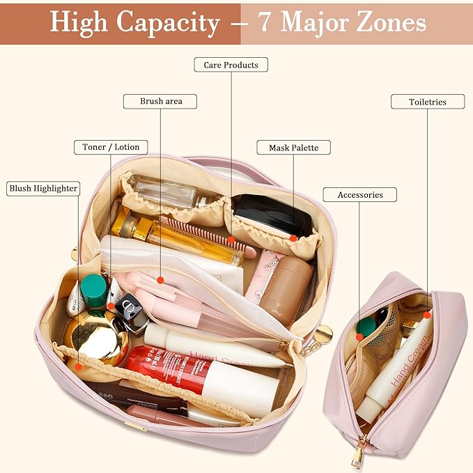Birthday Gifts for Women Teen Girl, Personalized Initial Makeup Organizer Bag Set, Open Flat Travel Cosmetic Bag With Clear Divider and Handle(Pink,W)
