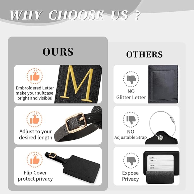 Personalized Initial Luggage Tags for Suitcase TSA Approved, Black Leather Cute Luggage Tag with Privacy Cover Name Card, Embroidered Custom Luggage Tags Travel Backpack Tags Gifts for Women Kids(M)