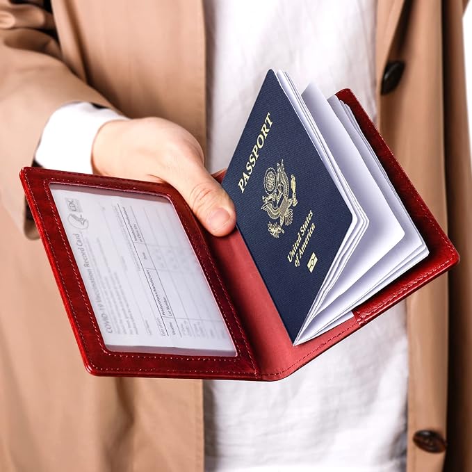 TIGARI Passport Holder for Travel Women Men, PU Leather Passport Wallet Cover Case Sleeve, Waterproof Protected Document Organizer, Family Vacation Plane Cruise Travel Essentials-Red
