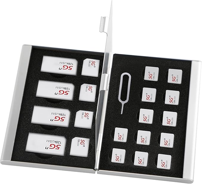Aluminum SIM Card Case, 21Slots Ultrathin SIM Card Holder, Fit for 4 SIM Card, 4 Micro sim Card, 12 Nano sim Card and 1 Cell Phone Eject Pin Slots, Silver