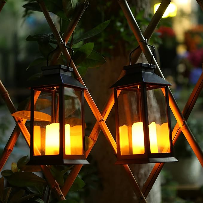 2 Pack Solar Lanterns, Outdoor Garden Hanging Lanterns, 11.8 Inch LED Flickering Flameless Candle Mission Lights for Yard, Table, Patio (Black)