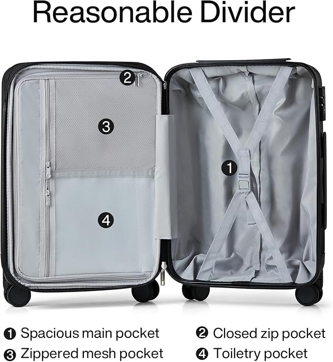 Hanke 20 Inch Expandable Carry on Luggage 22x14x9 Airline Approved Lightweight PC Hard Shell Suitcases with Wheels Travel Luggage Rolling Suitcase Travel Luggage Bag for Weekender(Jet Black)
