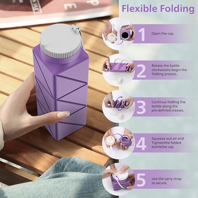 610ml Collapsible Water Bottles Upgrade Foldable Water Bottle BPA Free Reusable Lightweight LeakProof Silicone Water Bottles 20.6oz for Travel Gym Hiking Office Camping Sport Light Purple