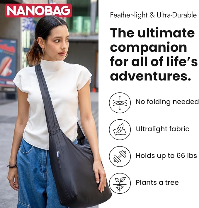 Nanobag Ultra-Lightweight Foldable Sling for Women & Men, Reusable Grocery & Travel Bag, Packable Collapsible Compact Market Crossbody (Sling Forest)
