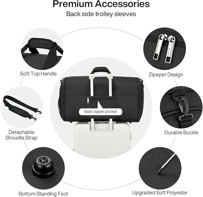 MILADA Convertible 2-in-1 Garment Duffel Weekender Bag Carry On Garment Bags for Travel Hanging Clothes Suit Bag Foldable Personal Item Business Overnight Bag with Shoe Compartment, Black