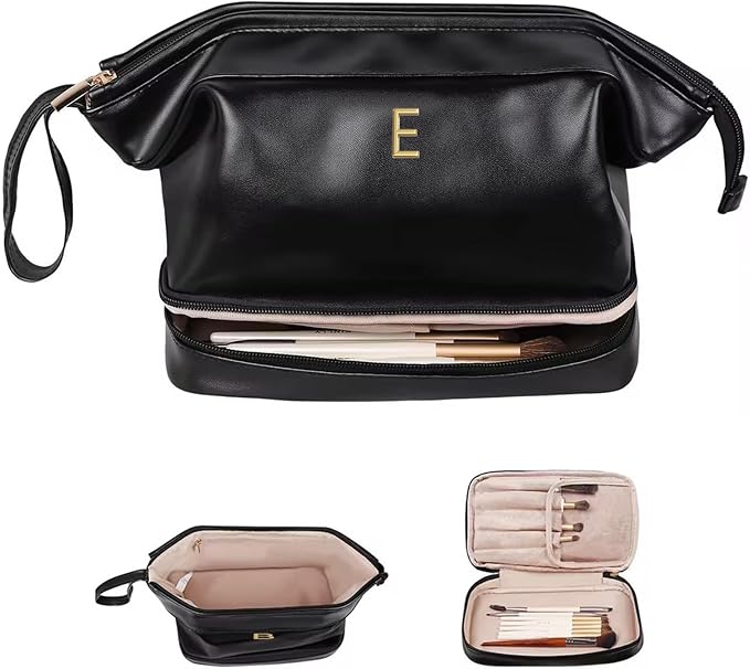 Daughter Birthday Gift-Makeup Bag, Women Gifts, Personalized Double Layer Cosmetic Bag with Makeup Brush Organizer, Large Capacity PU Leather Travel Toiletry Bag Gifts for Friends Female Mom