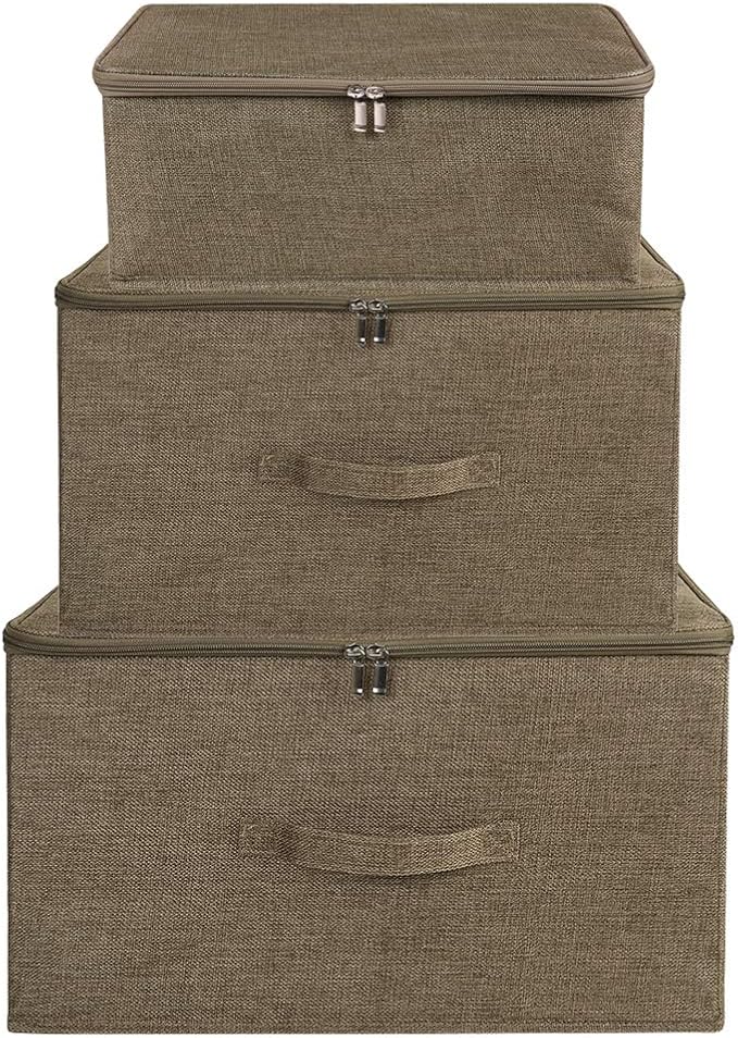 ANMINY Storage Bins with Zipper Lids 13 Qt Lidded Fabric Storage Boxes Baskets Cubes with Handles Collapsible Washable Cotton Linen Closet Shelf Clothes Organizer Containers - Coffee, Small