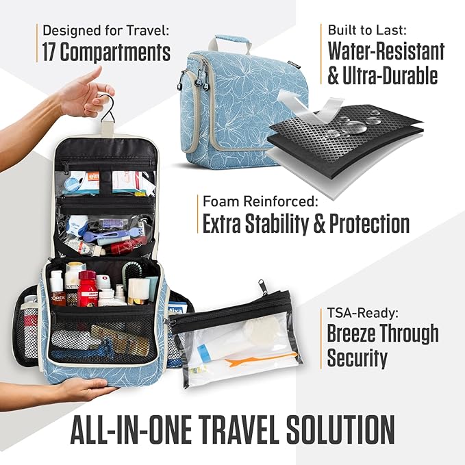 VENTURE 4TH Hanging Travel Toiletry Bag for Women & Men - Travel Organizer with Expandable Compartments & Removable Clear Pouch for Toiletries (Blue Flowers)