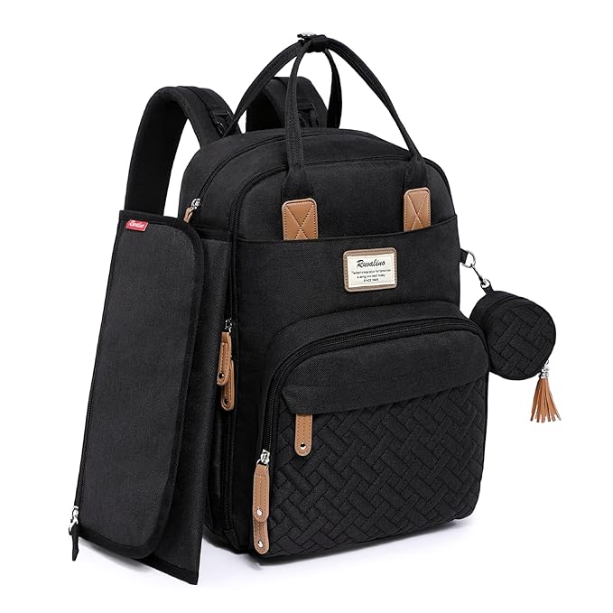 RUVALINO Diaper Bag Backpack, Multifunction Travel Pack Maternity Baby Changing Bags, Large Capacity, Waterproof, Black