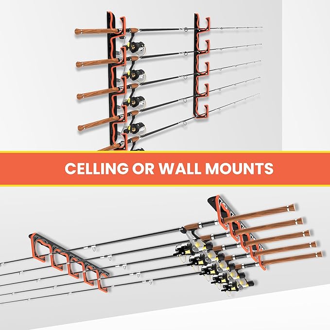 Fishing Rod Holder for Garage, H5 Wall or Ceiling Mounted Fishing Pole Holders with Soft Protective Pad, Fishing Rod Storage Organizer, Horizontal Fishing Rod Wall Mount Nets Storage (8 PACK)