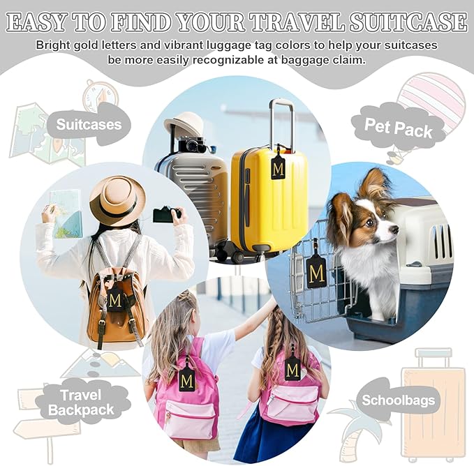 Personalized Initial Luggage Tags for Suitcase TSA Approved, Black Leather Cute Luggage Tag with Privacy Cover Name Card, Embroidered Custom Luggage Tags Travel Backpack Tags Gifts for Women Kids(M)