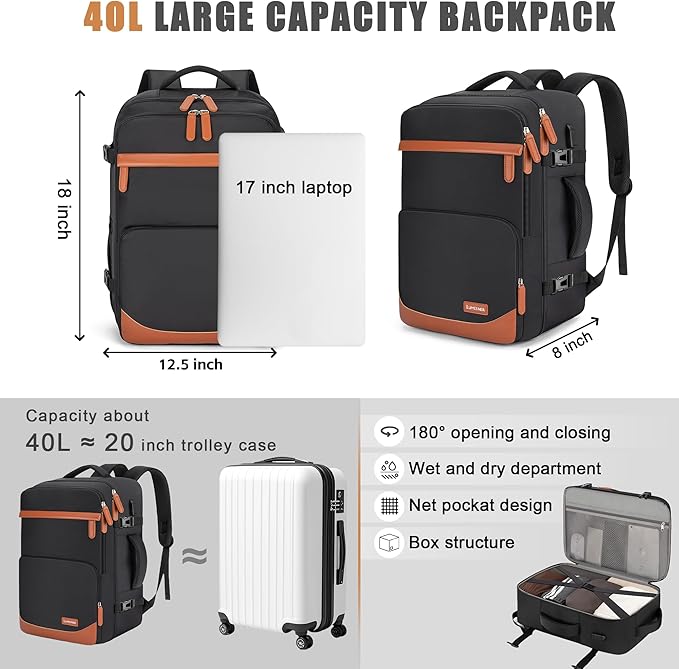 40L Travel Backpack with USB Charging Port, Water-Resistant Carry On Backpack for Men Women, Business Laptop Backpack for Trips & Commutes, Fits 15.6/17.3 Inch Laptop