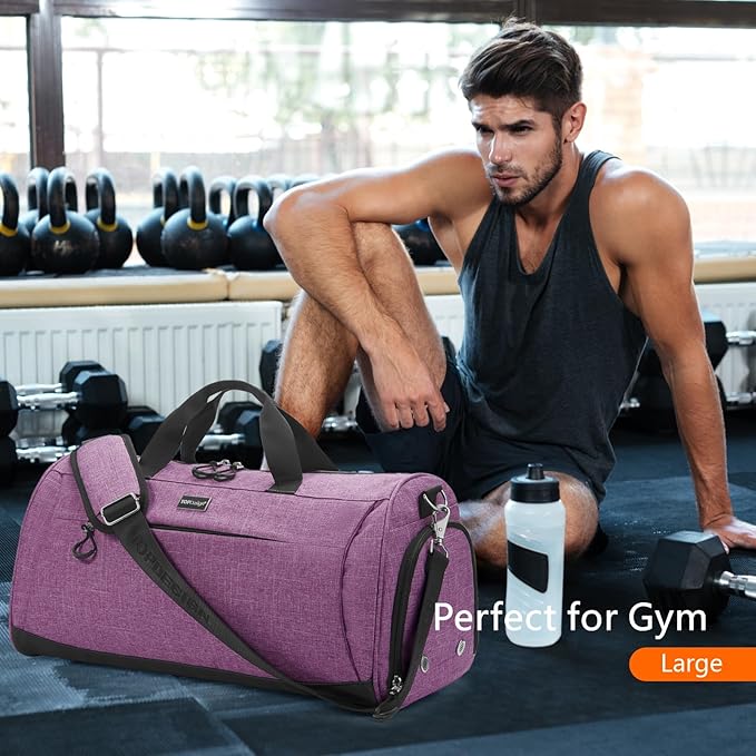 TOPDesign Gym Bag for Women & Men, Unisex Duffel Bag with Shoe Compartment & Wet Pocket for Travel Sports Gym (L Textured Purple)