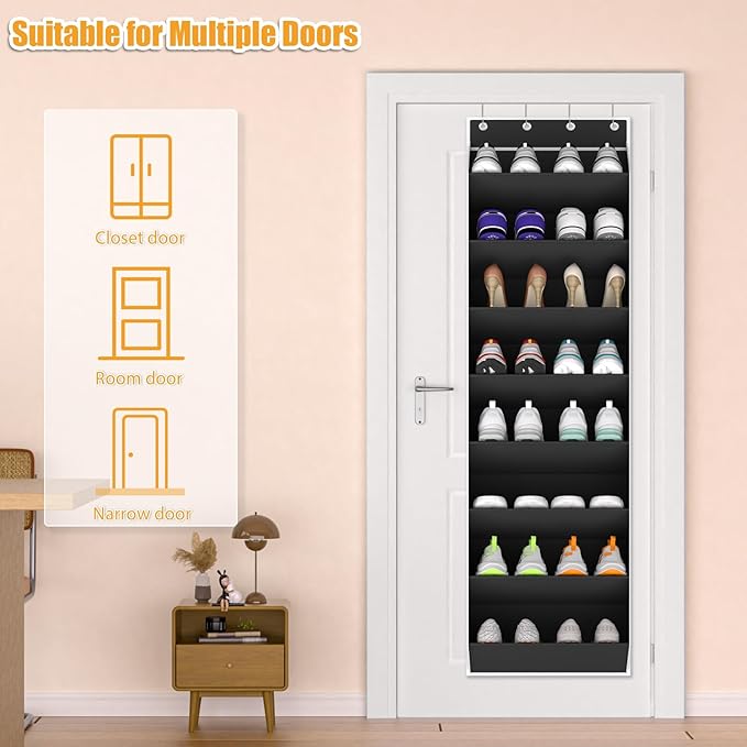 Over The Door Shoe Organizer Storage Fit 16-24 Pairs Hanging Shoe Rack Organiser for Closet Door, Deep Pocket Shoe Holder for Sneakers,Boots Storage(1 Pack Black)