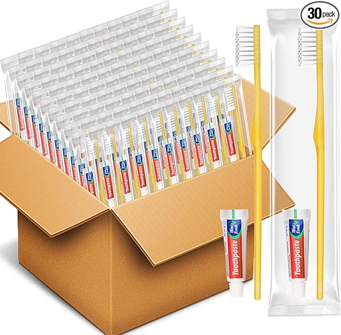 HOFASON Disposable Toothbrushes with Toothpaste Pack of 30, Yellow Hollow Travel Toothbrush Set with 5g Toothpaste Individually Wrapped Toothpaste Bulk for Homeless, Nursing Home, Shelter, Hotel