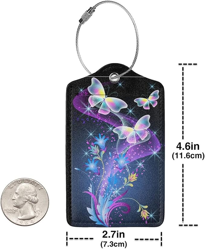 2Pcs Glowing Flowers and Butterfly Luggage Tags, Colorful Fancy Name ID Identifier Labels for Suitcase Baggage Travel Bag, Shine Aesthetic Leather Bag Tags with Full Privacy Cover