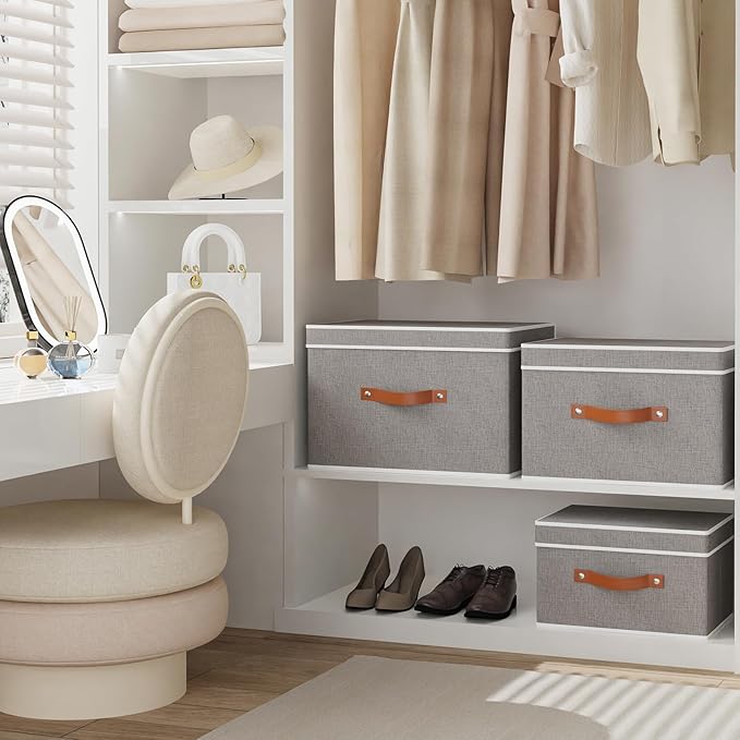 Fabric Storage Bins with Lids, Linen Foldable Clothes Boxes, Closet Organizer Containers with Double Handles, Baskets for Bedroom, Grey, 5 Pack, 13 x 9.1 x 7.9 Inch