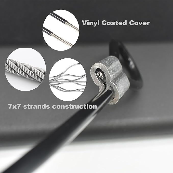 5 Pcs 4mm Wire 24 inch Vinyl Coated Stainless Steel Cable with Loops Short Wire Rope Lanyard Lock Security Chain Link for Outdoor Gates, Black(4mm x 24inch)