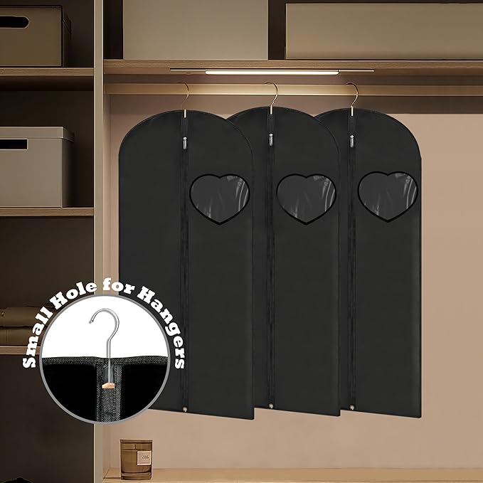 Dress Bags for Gowns Long, 45'' Garment Bags for Hanging Clothes, Suit Bag Cover for Storage and Travel, with Clear Heart Window, 2 Pack (Black)