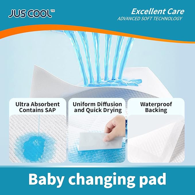JUS COOL Baby Disposable Changing Pads, 24”x 24”(100 Count) Underpads Portable Diaper Changing Pads, Soft Bed Pads Ultra Absorbent and Waterproof
