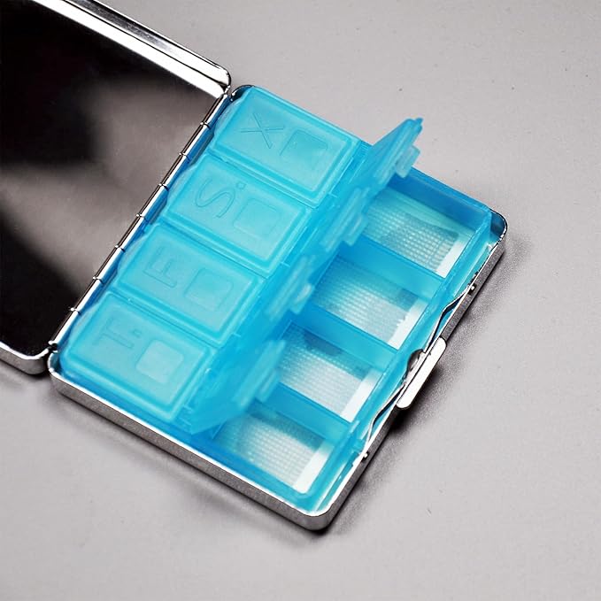 Silver Vintage Pill Box 7 Day Metal Pill Box with Mirror and 8 Compartments Cute Travel Pill Organizer for Purse (Colorful Floral Pattern)