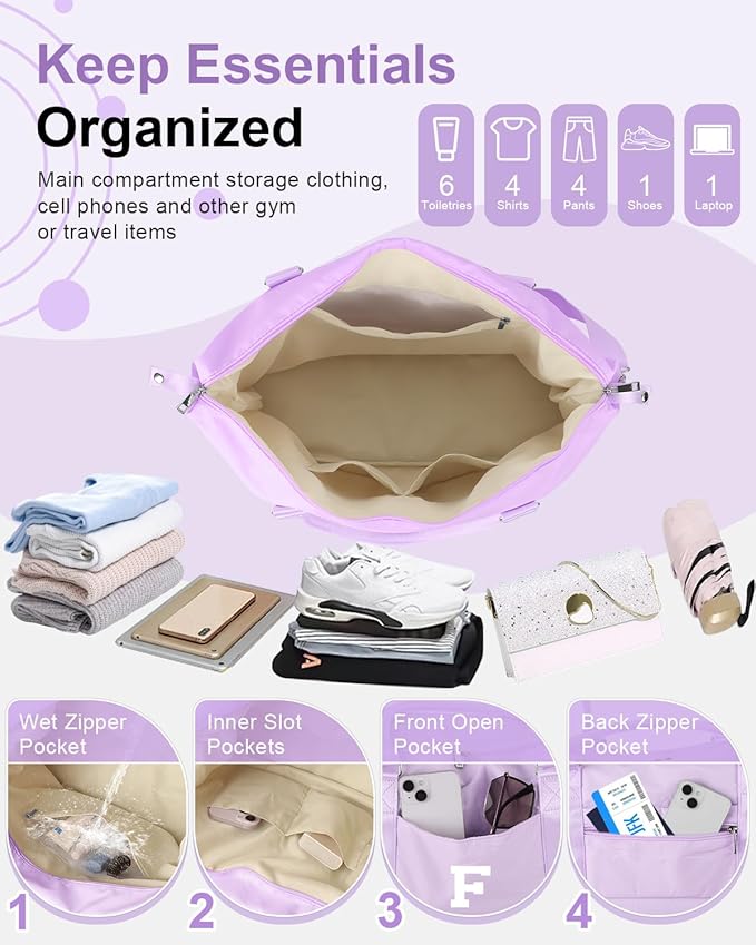 Daughter Niece Gifts for Teen Girl Kids, Initial Travel Duffel Bag Sports Gym Bag Personalized Gifts Weekender Bag，Monogram Overnight Bag Cute Dance Bag Birthday Bridesmaid Gifts for Women(Purple, F)