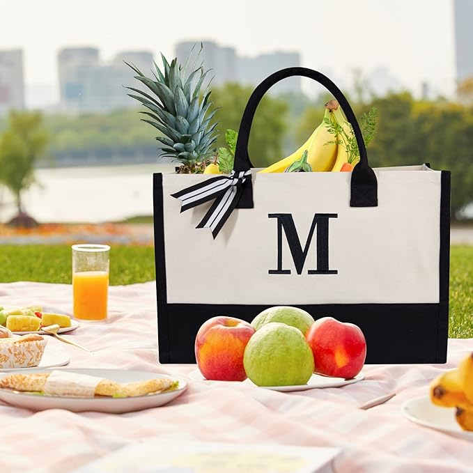 TOPDesign Embroidery Initial Canvas Tote Bag, Personalized Present Bag, Suitable for Wedding, Birthday, Beach, Holiday, is a Great Gift for Women, Mom, Teachers, Friends, Bridesmaids (Letter M)