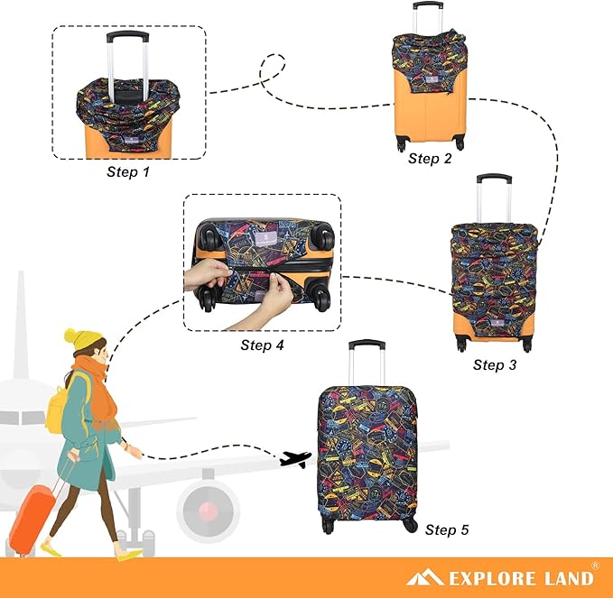 Explore Land Travel Luggage Cover Suitcase Protector Fits 27-30 Inch Case (Stamp, L)