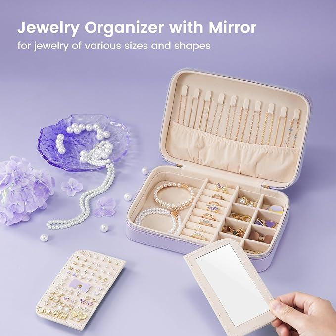 Lolalet Travel Jewelry Case for Women, Travel Jewelry Organizer Box with Mirror & Clear Storage Bag, Small Portable Traveling Earring Necklace Bracelet Ring Case, Bridesmaid Gifts -Medium, Purple