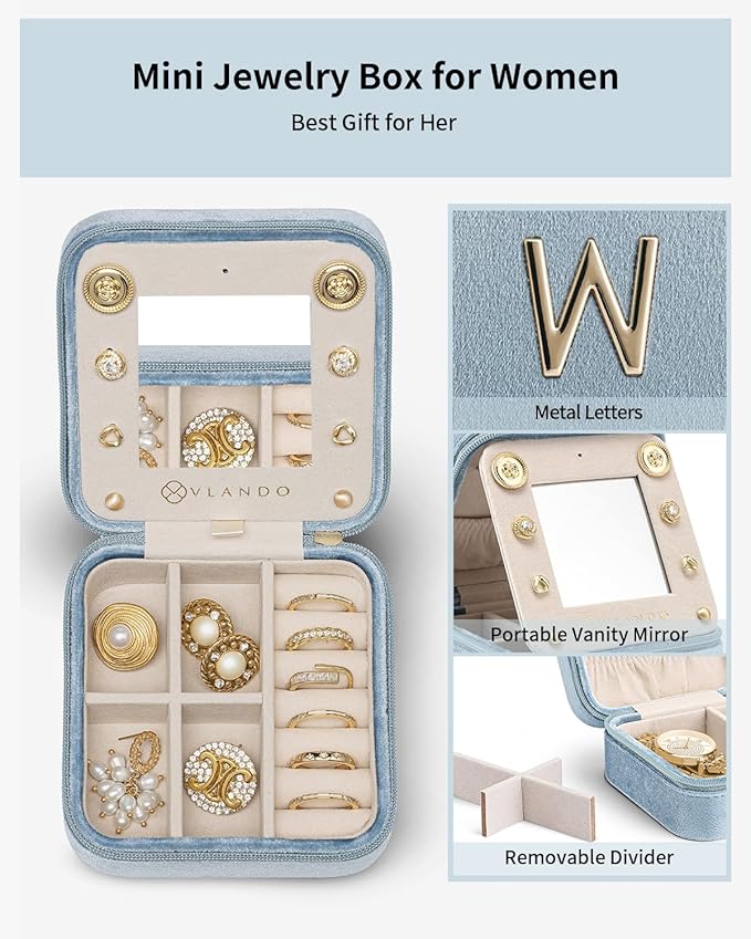 Vlando Travel Jewelry Box for Girls Women, W Initial Jewelry Box for Girls Small Jewelry Box Travel Jewelry Case Jewelry Box Travel Gifts for Girls Women - Letter W, Navy Blue