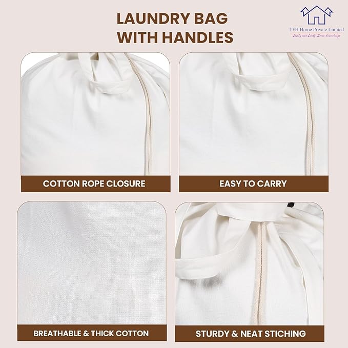 LFH Home Cotton Canvas Large Laundry Bag with Handle, Heavy Duty Drawstring Closure Washable Laundry Bags, School Travel, Home, Hotel, College Dorm, Organizer Sack, Toy Clothes 20x30 (Pack of 6)-White
