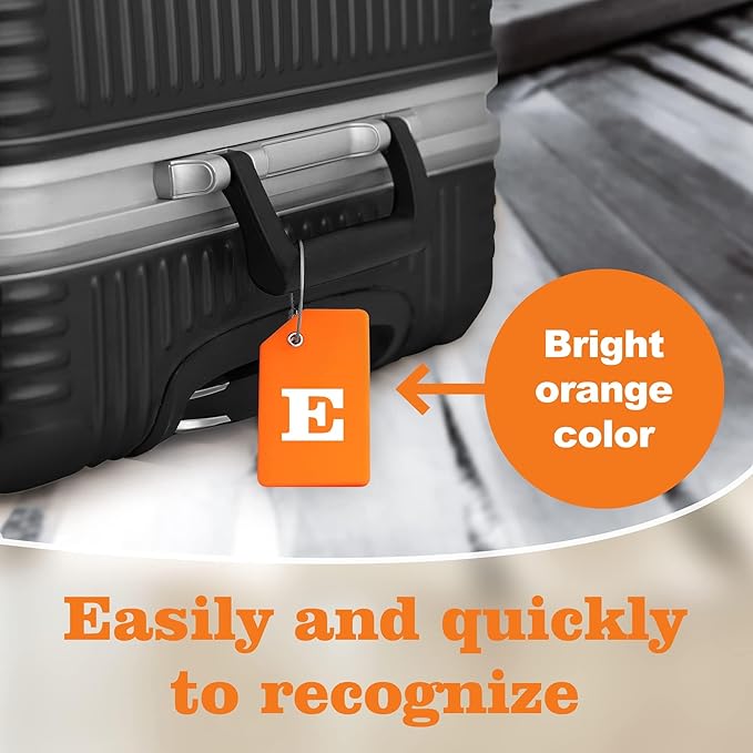 8 Pcs Luggage Tags for Suitcases, 26 Initial Letter Travel Luggage Baggage Identification Labels ID Tags Fully Bendable Tags with Stainless Steel Loop (Letter E, Orange)