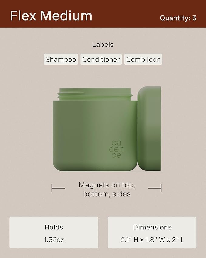 Cadence Travel Containers Haircare Capsule Set - Magnetic Containers with Lids,Carry On Travel Essentials For Women/Men - 3 Flex Mediums (1.32oz) - Shampoo, Conditioner & Comb Icon Labels - Charcoal